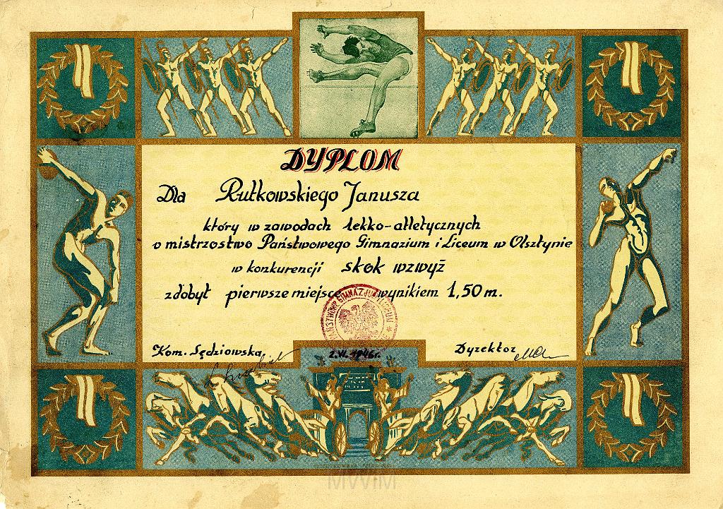 KKE 3233.jpg - Dyplom, Jana Rutkowskiego za I m. skok wzwż, Olsztyn, 1946 r.